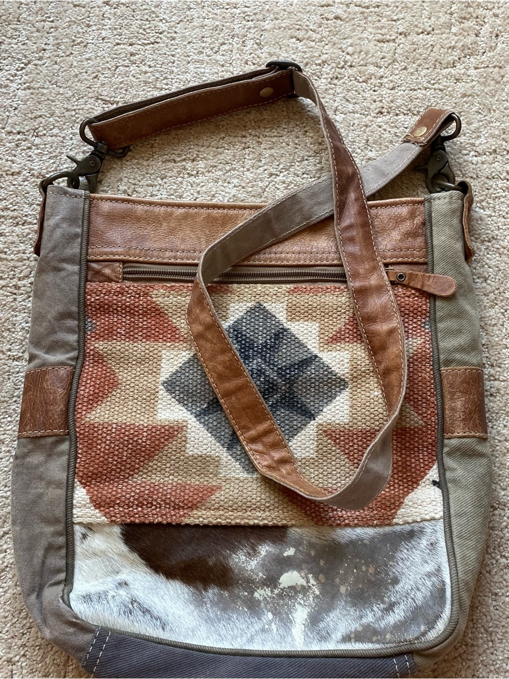Boho Southwestern Canvas & Leather Crossbody with Cowhide Accent